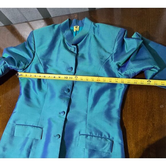 Vtg Cedro 2 Piece Womens Suit Sz S/M Iridescent Teal Blue 100% Silk Pantsuit Set - Picture 8 of 16